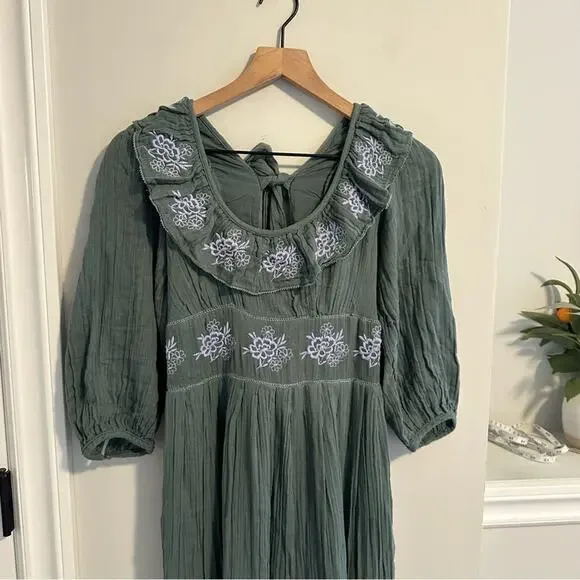 Free People Green Blue Cotton Gauze Floral Embroidered Maxi Dress Small - Picture 13 of 13